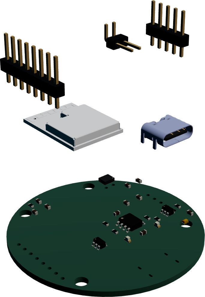 Despiece en 3D de la placa del prototipo de MOOVIA: conectores, USB-C, microcontrolador, IMU, alimentación y placa